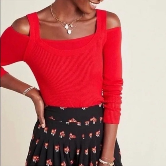 by Anthropologie Sweater Red Long Sleeve Cold Shoulder Size XL - Picture 1 of 5